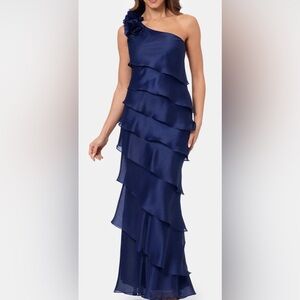 Xscape Evenings Ruffle One Shoulder Tiered Charmeuse Navy Gown Size 14